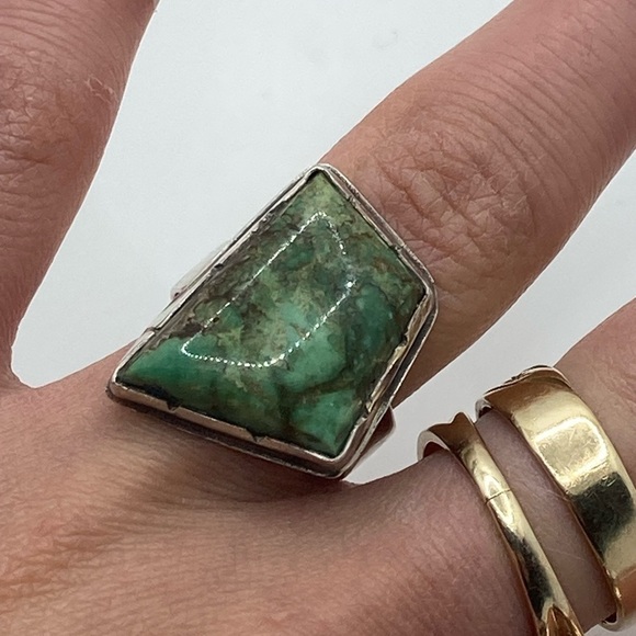 Vtg Navajo Sterling Green Turquoise Rustic Abstract Setting Ring Sz 8.25 - 8.5 - Picture 9 of 12